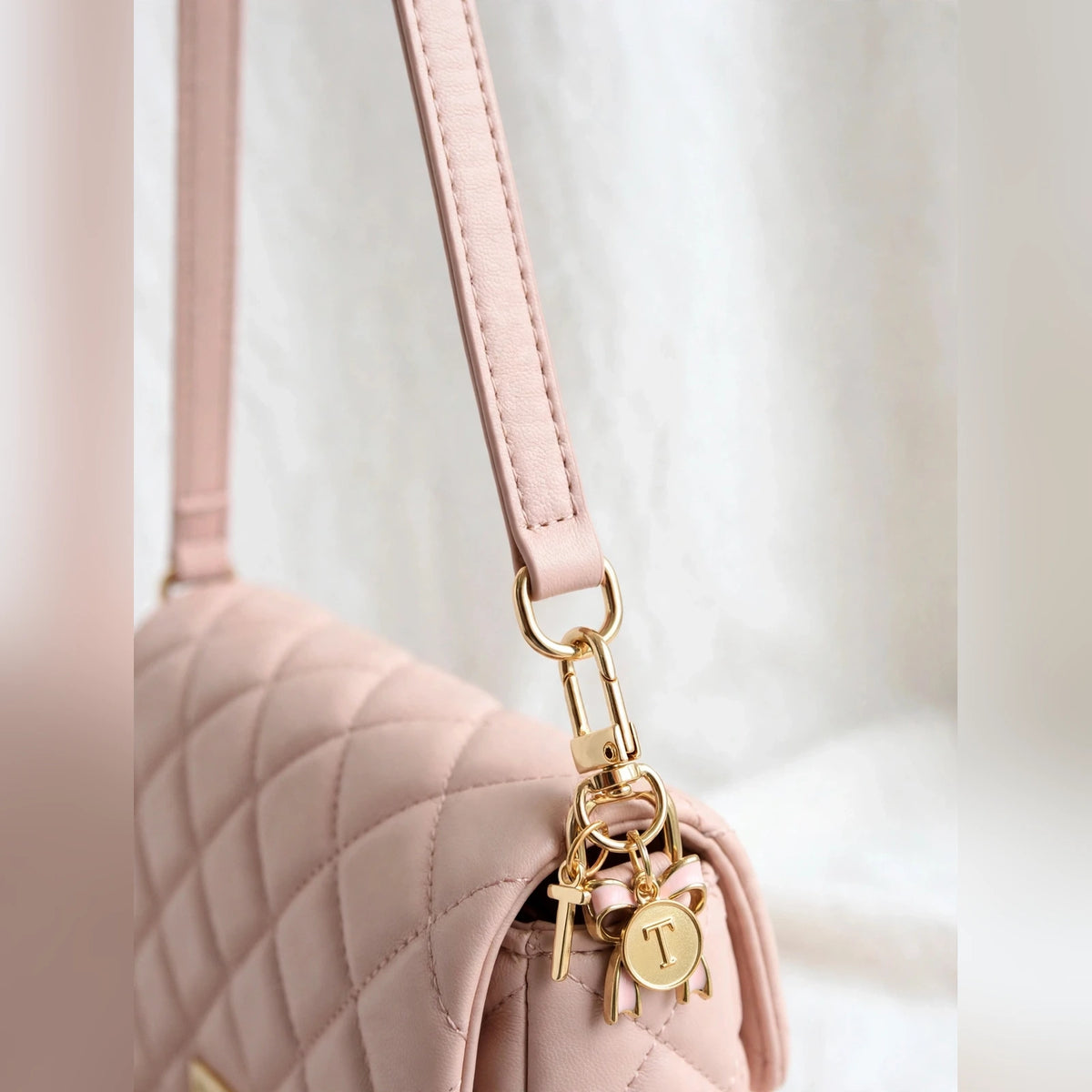Bow Initial Bag Charm - Letter Charm T clipped to a purse ring