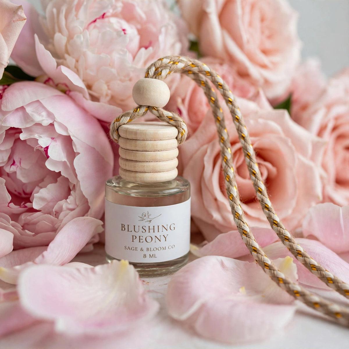 Blushing Peony car diffuser among peonies