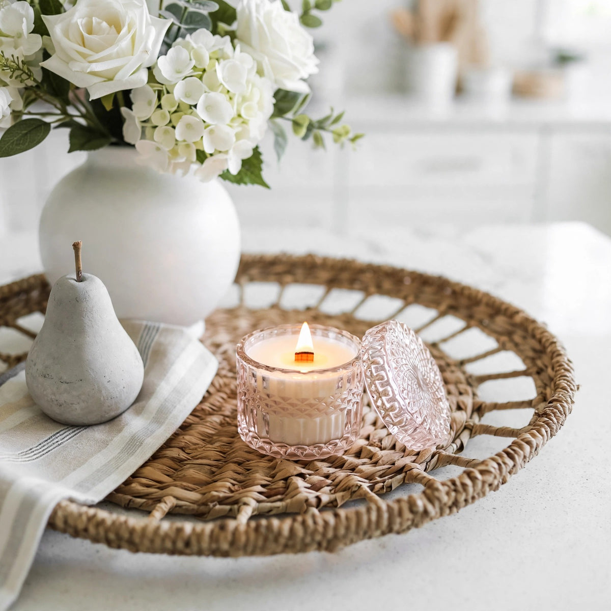 Blushing Peony vintage glass candle styled photo