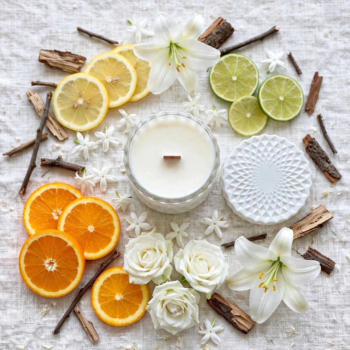 Citrus Blossom Woods vintage glass candle flat lay