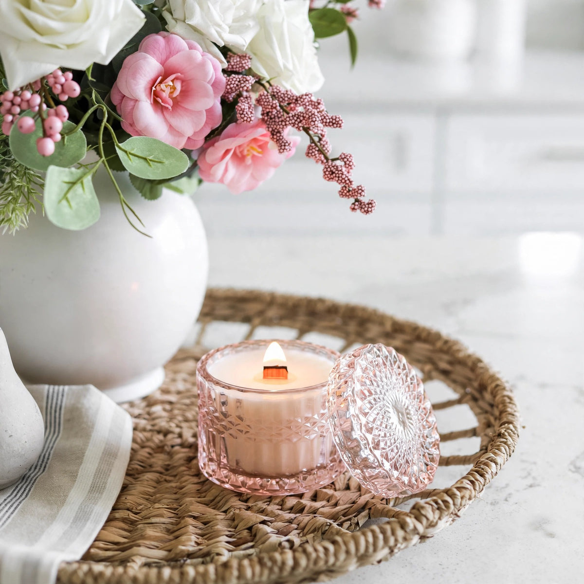 Camellia Patchouli Flower vintage glass candle styled
