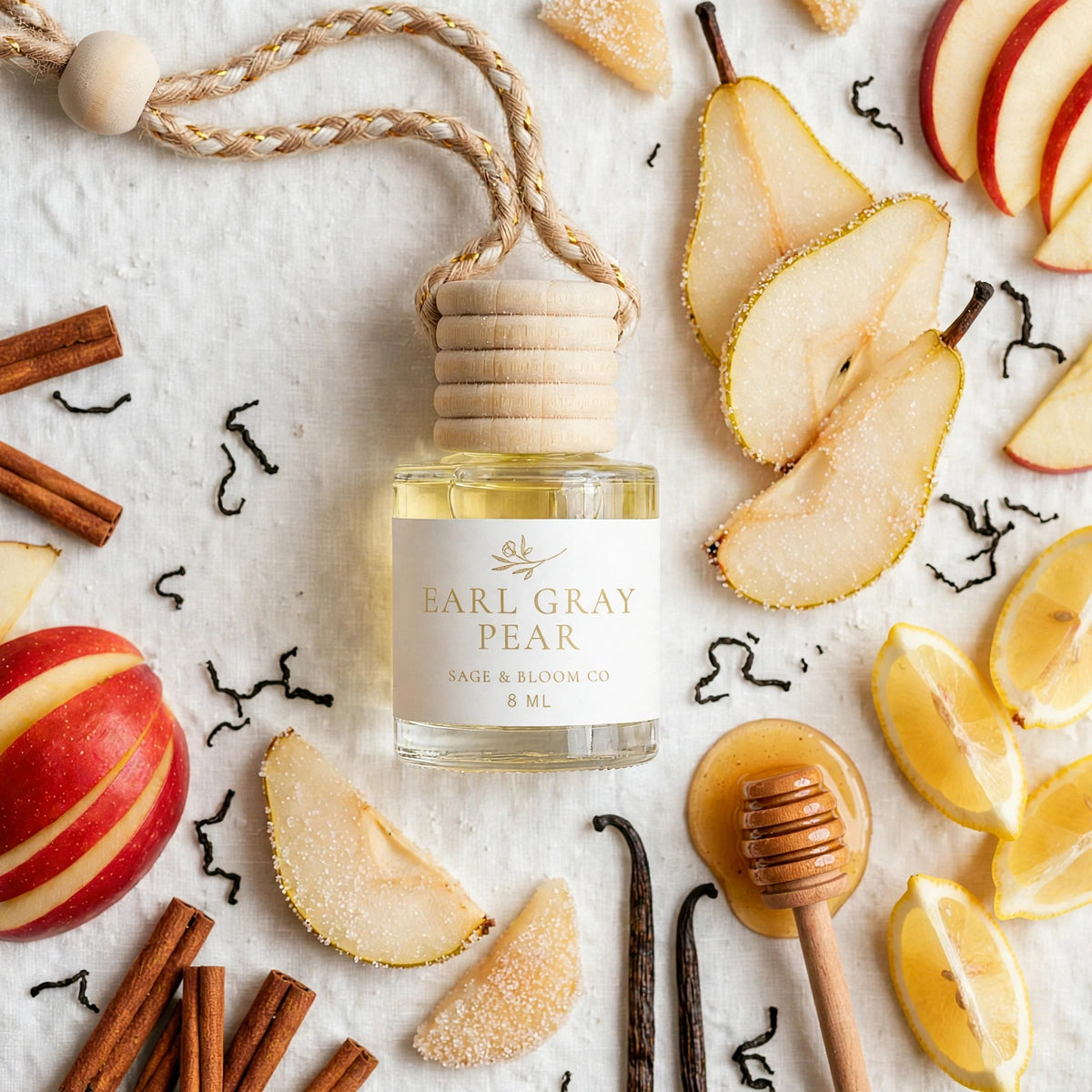 Earl Gray Pear flat lay with scent notes