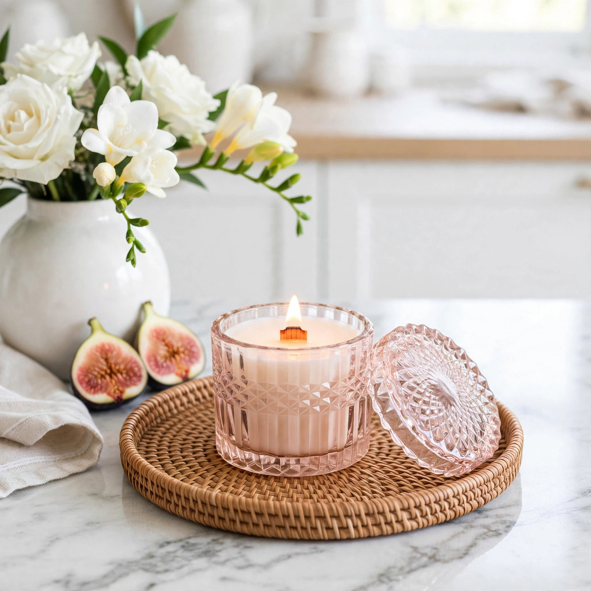 Fig Tree Freesia vintage glass candle styled