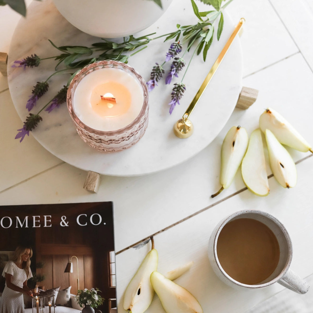 Lavender Moonflower vintage glass candle lifestyle