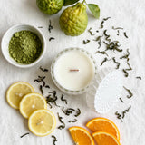 Matcha Bergamot vintage glass candle flat lay