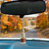 Butterscotch Bourbon car diffuser hanging in car with fall landscape