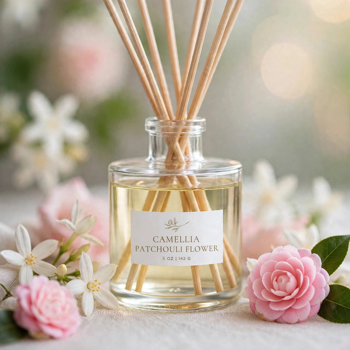 Camellia Patchouli Flower Reed Diffuser label close-up
