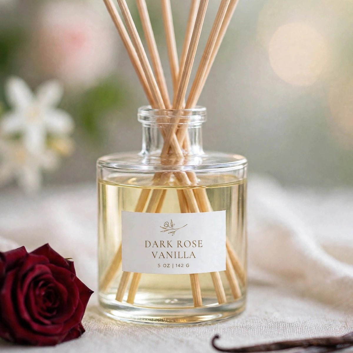 Dark Rose Vanilla Reed Diffuser label close-up