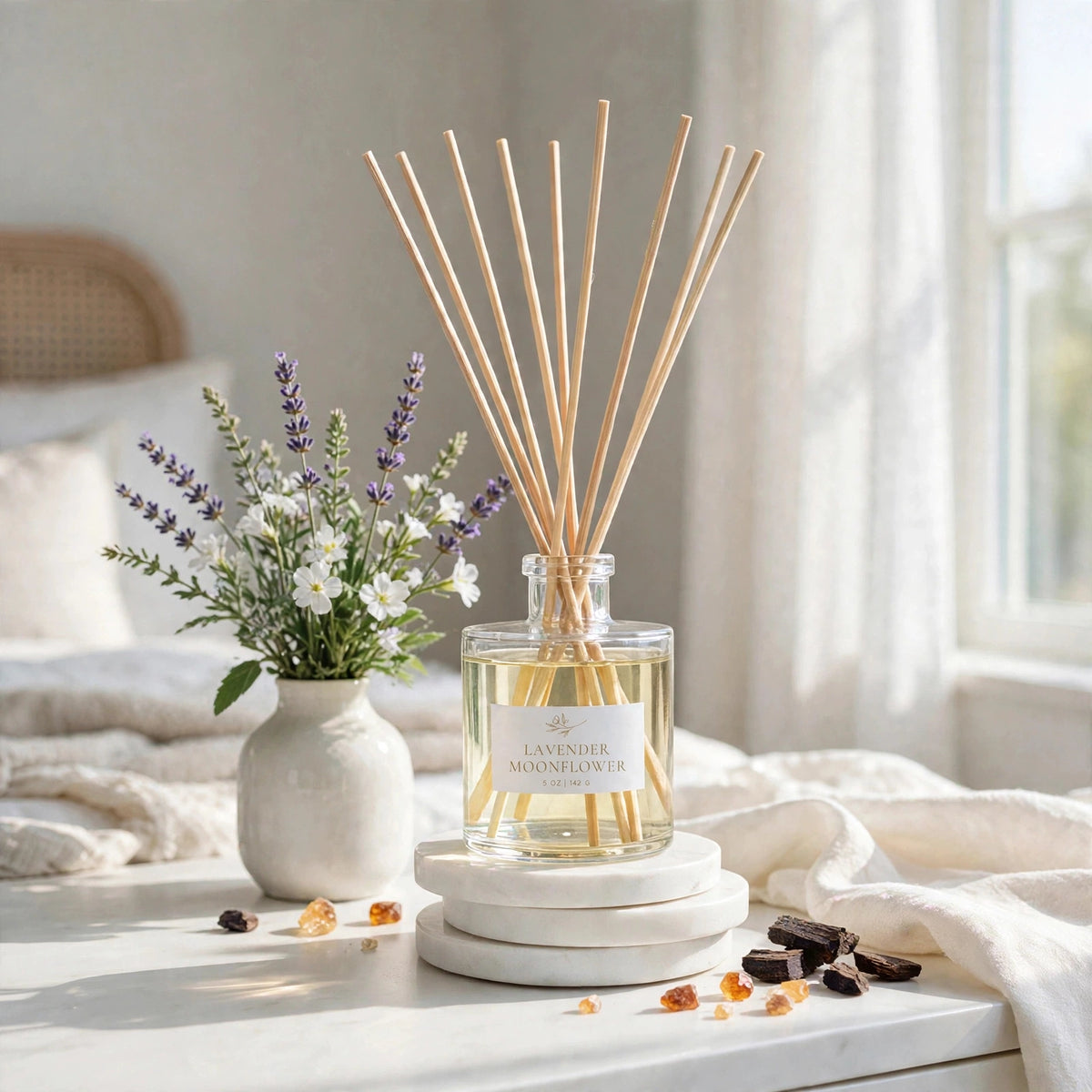 Lavender Moonflower Reed Diffuser on nightstand