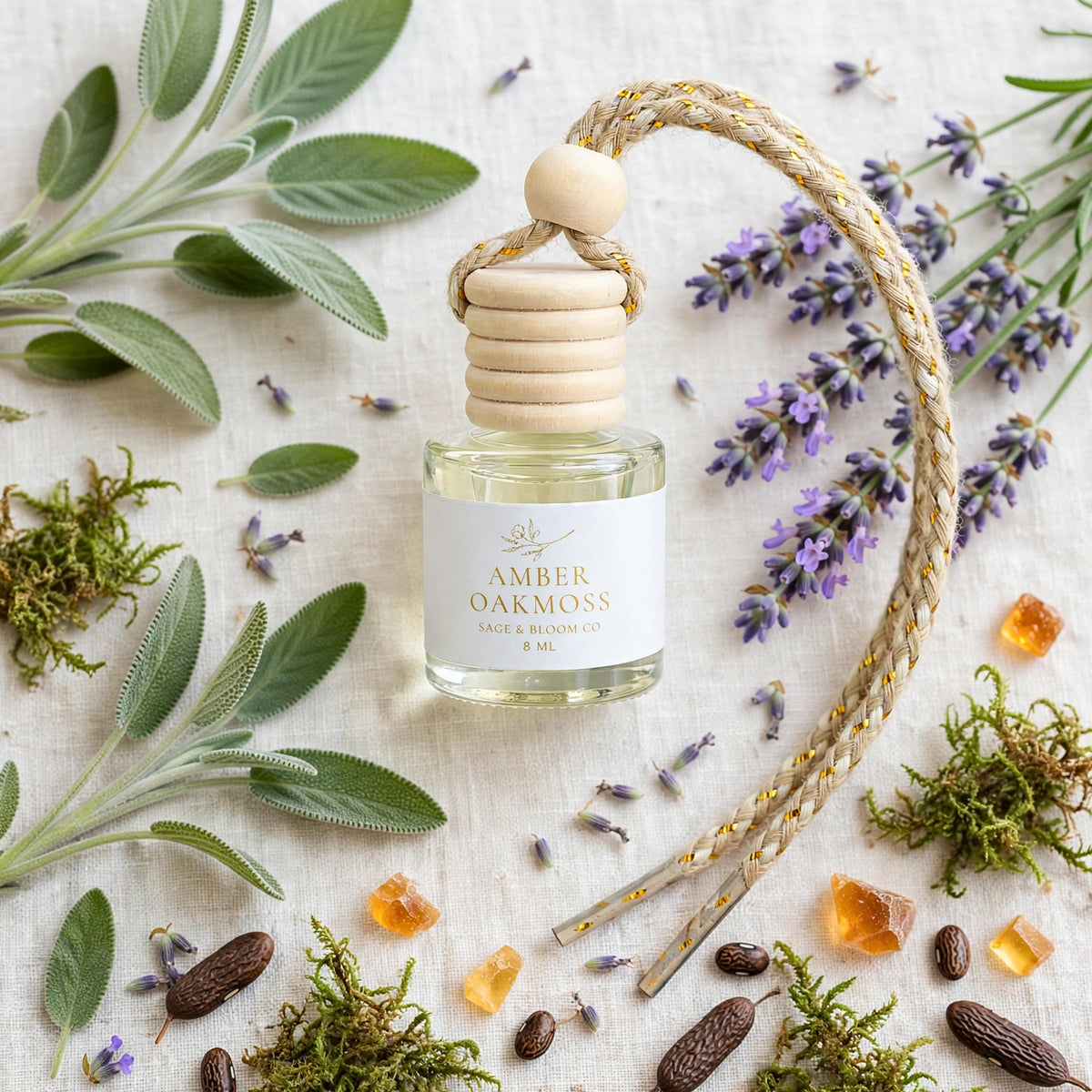 Amber Oakmoss car diffuser styled with sage, lavender, oakmoss and amber