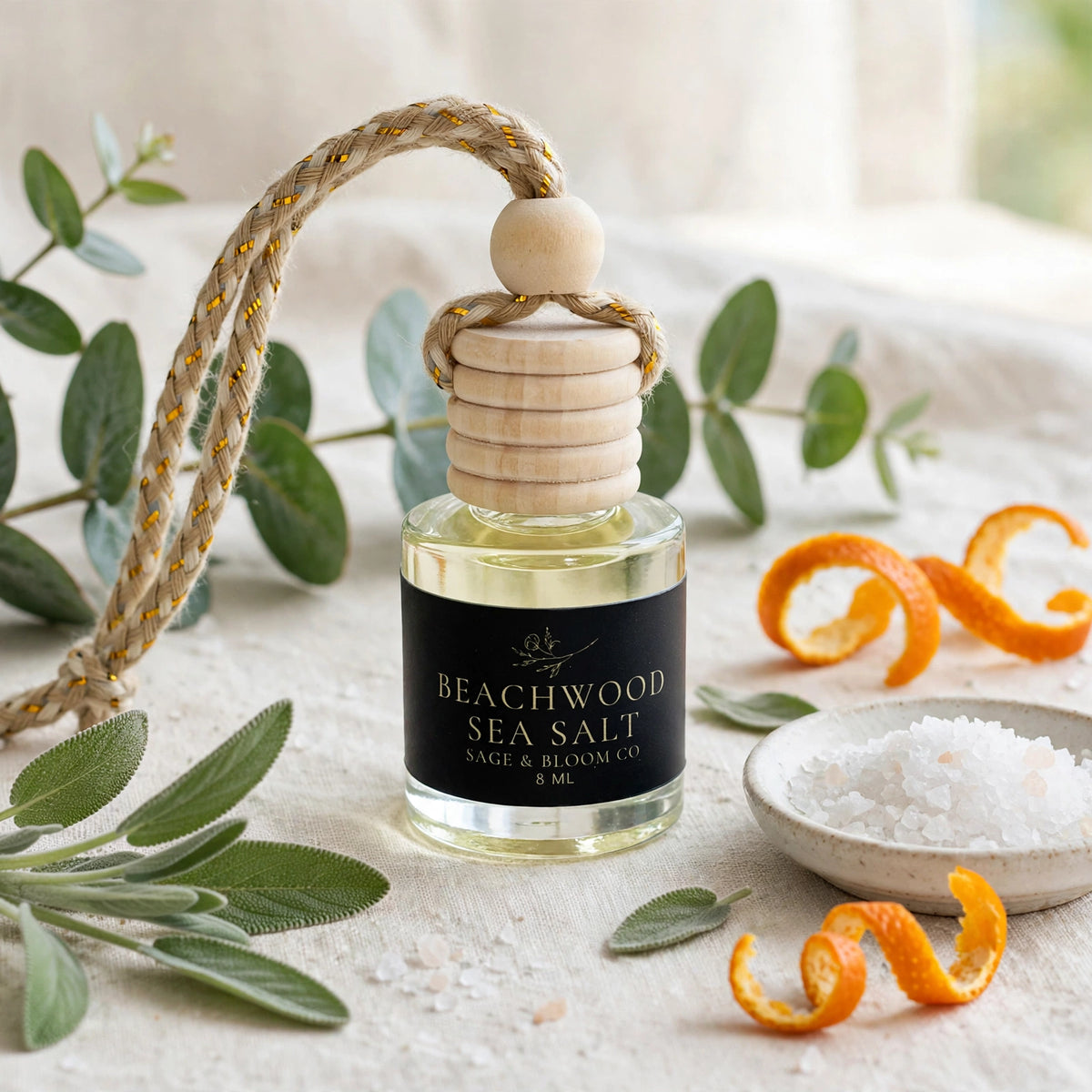 Beachwood Sea Salt car diffuser styled with eucalyptus, sage, sea salt and orange peel