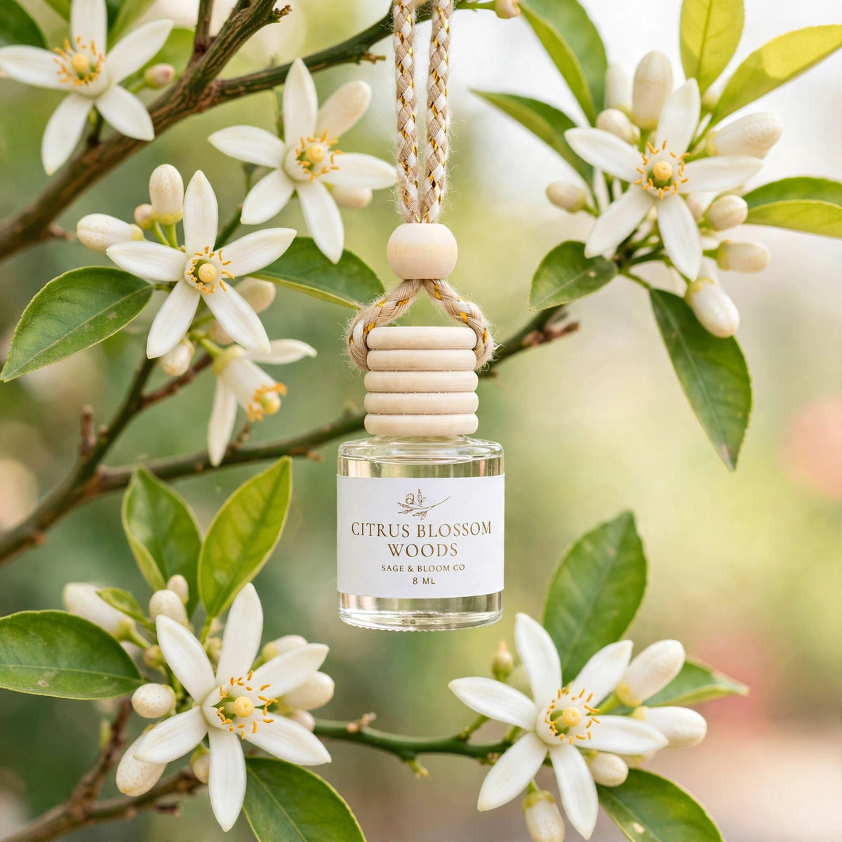 Citrus Blossom Woods car diffuser hanging among orange blossoms