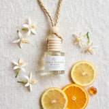Citrus Blossom Woods car diffuser flat lay with citrus, orange blossoms and jasmine