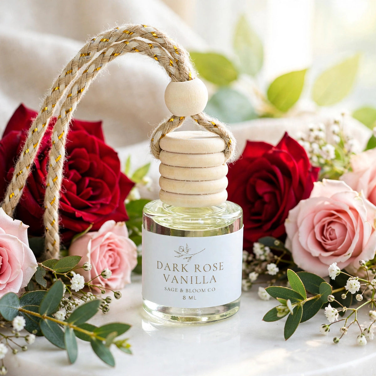 Dark Rose Vanilla car diffuser styled among deep red and blush roses