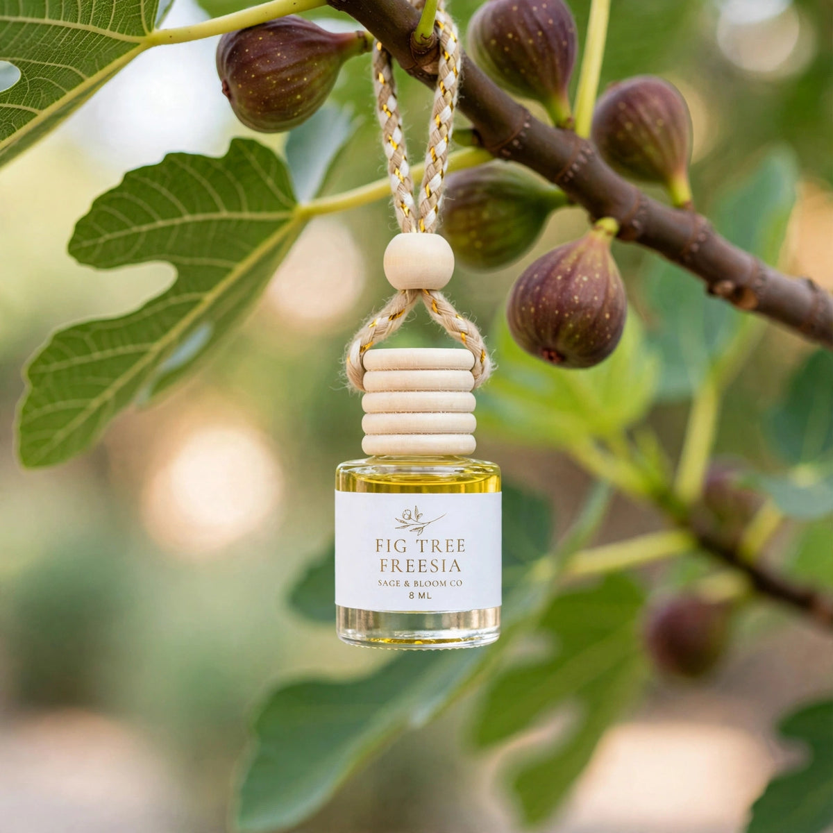 Fig Tree Freesia car diffuser hanging from a fig tree branch