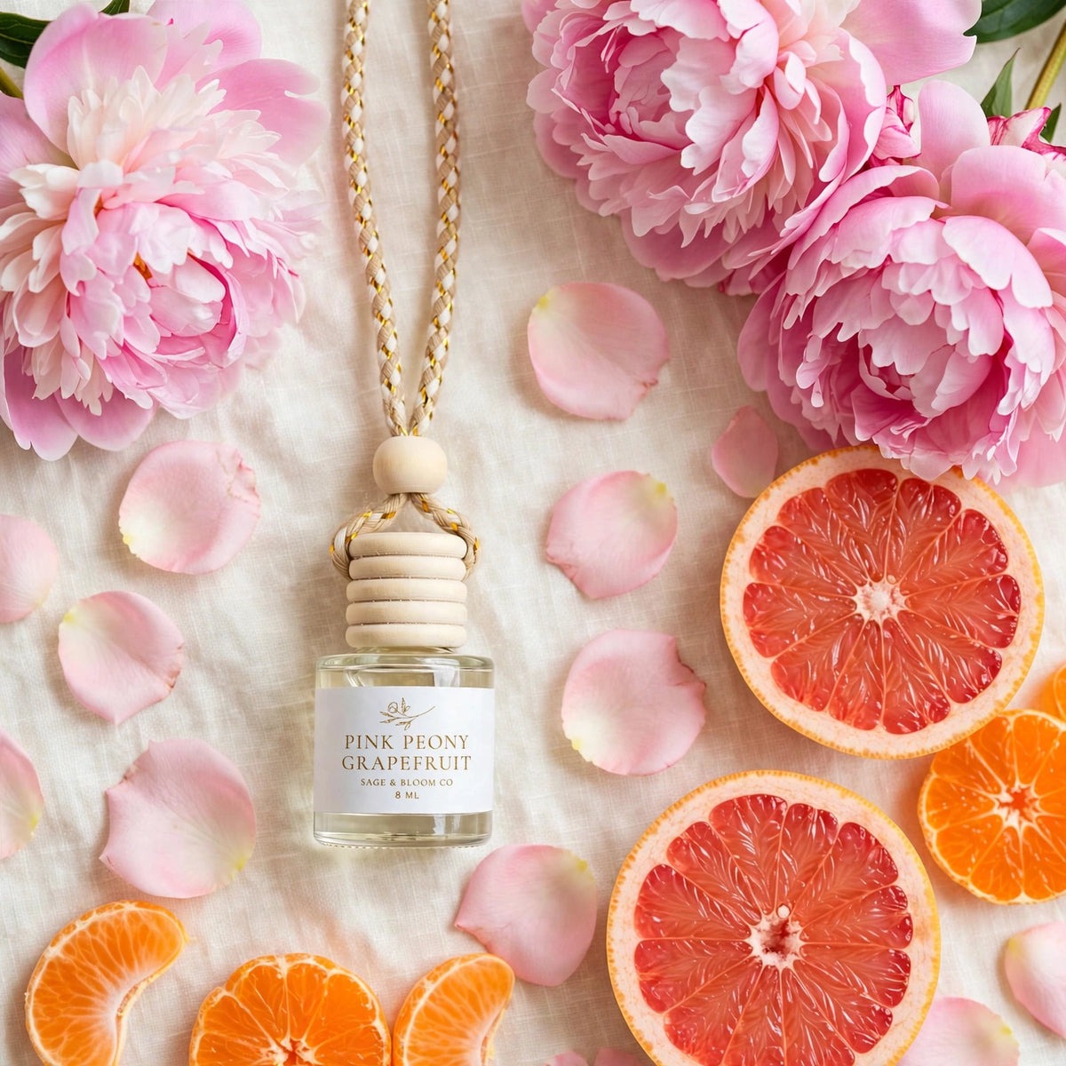 Pink Peony Grapefruit car diffuser flat lay with fluffy pink peonies, grapefruit and mandarins