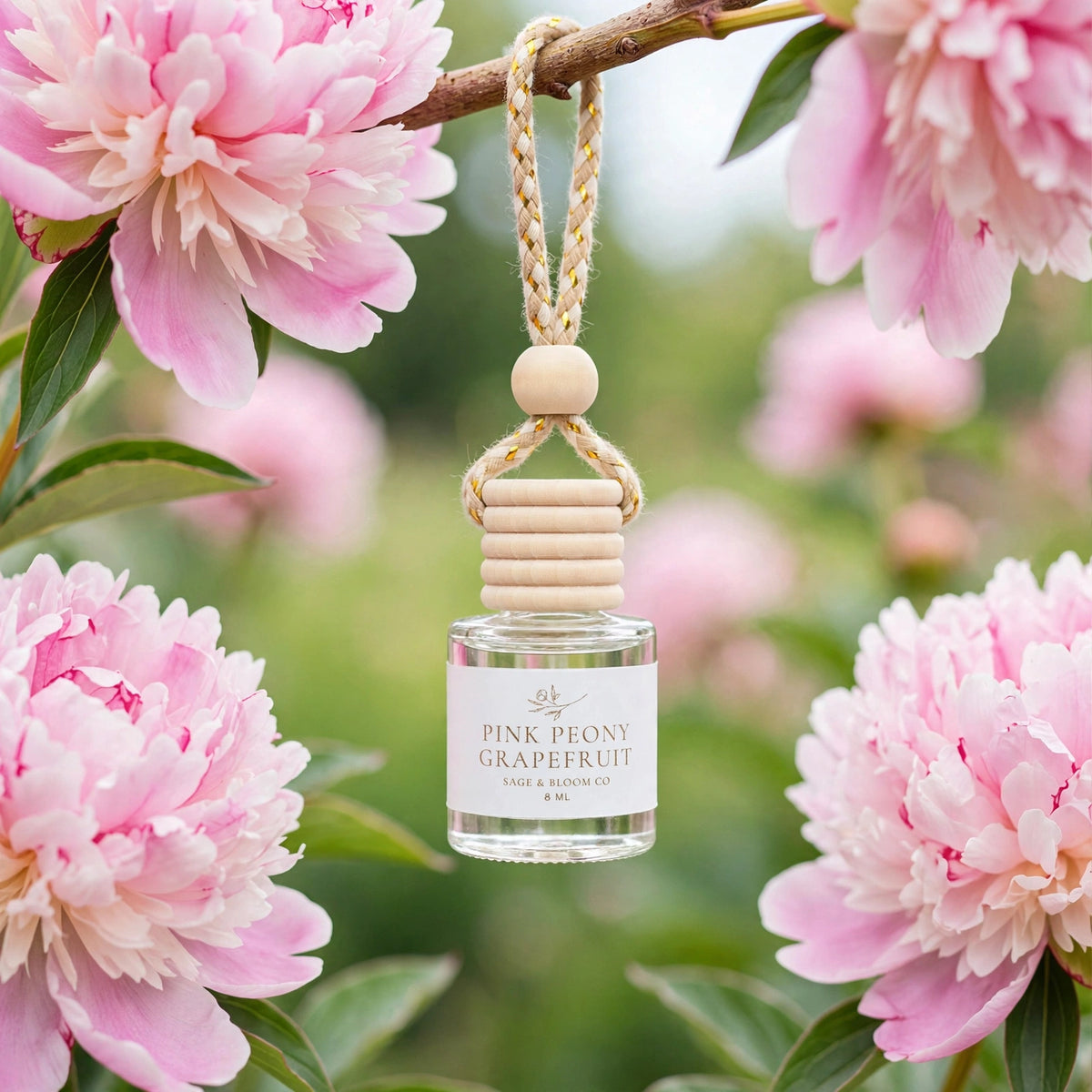 Pink Peony Grapefruit car diffuser hanging from a peony branch