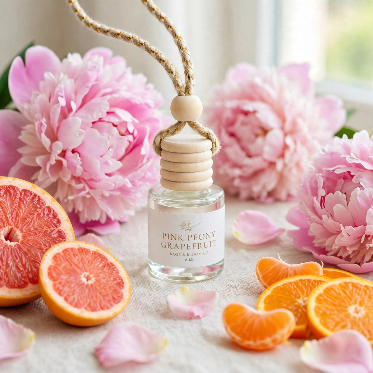 Pink Peony Grapefruit car diffuser styled with fluffy pink peonies and grapefruit