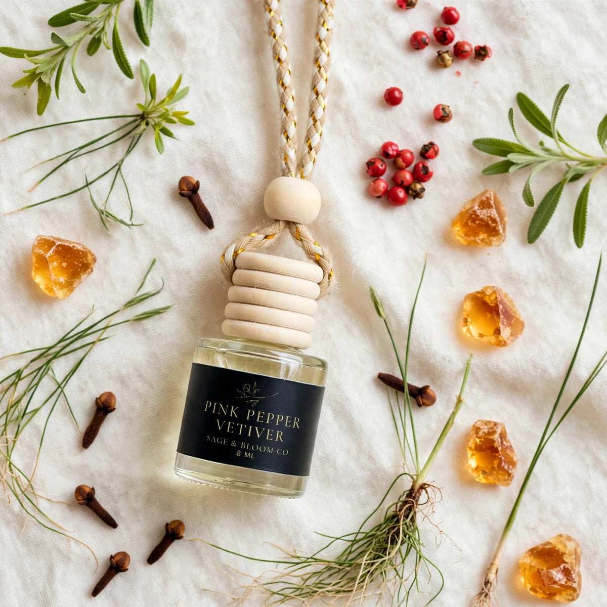 Pink Pepper Vetiver car diffuser flat lay with pink peppercorns, cloves, vetiver and amber