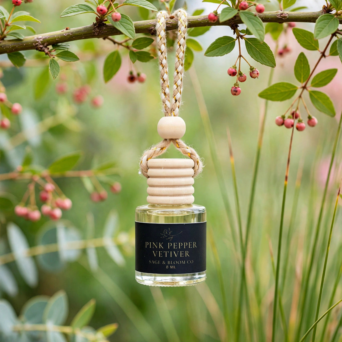 Pink Pepper Vetiver car diffuser hanging from a pink peppercorn branch