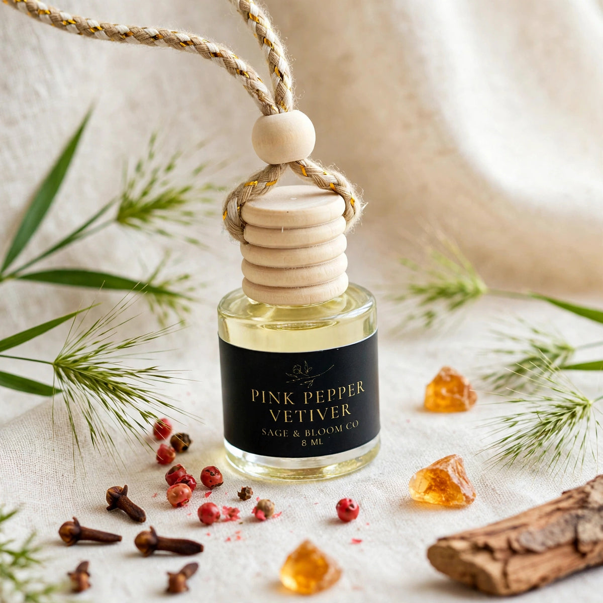 Pink Pepper Vetiver car diffuser styled with pink peppercorns, vetiver grass, cloves and amber