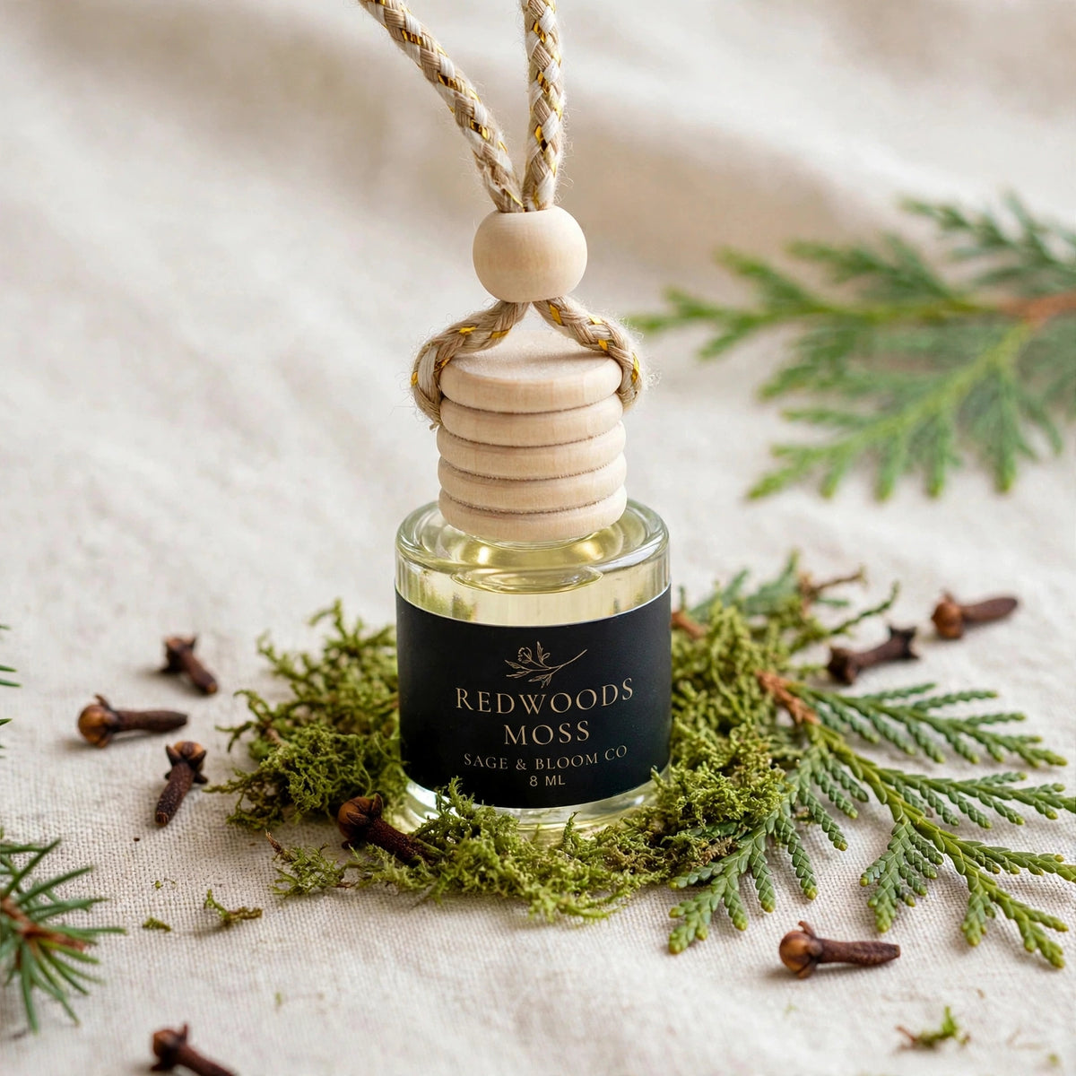 Redwoods Moss car diffuser styled with pine, cedar, cloves and moss