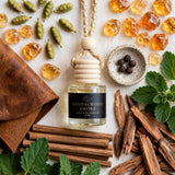 Sandalwood Smoke car diffuser flat lay with sandalwood, cardamom, pepper, leather and amber