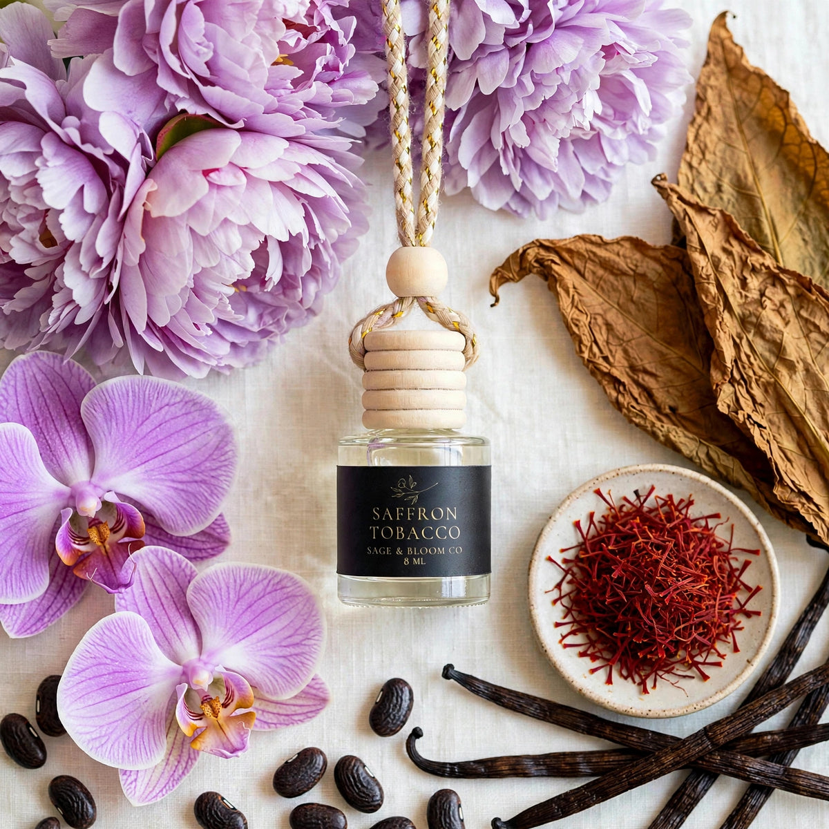Saffron Tobacco car diffuser flat lay with peonies, orchid, saffron, tobacco, vanilla and tonka beans