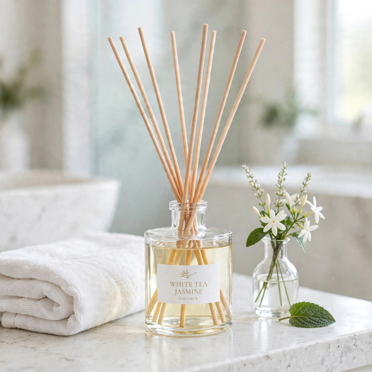 White Tea Jasmine Reed Diffuser in bathroom