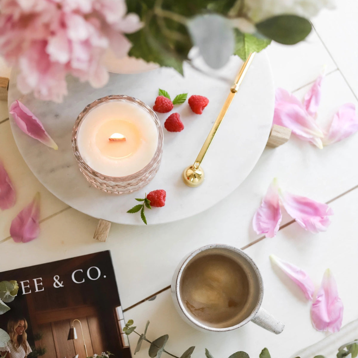 Midnight Peony vintage glass candle lifestyle