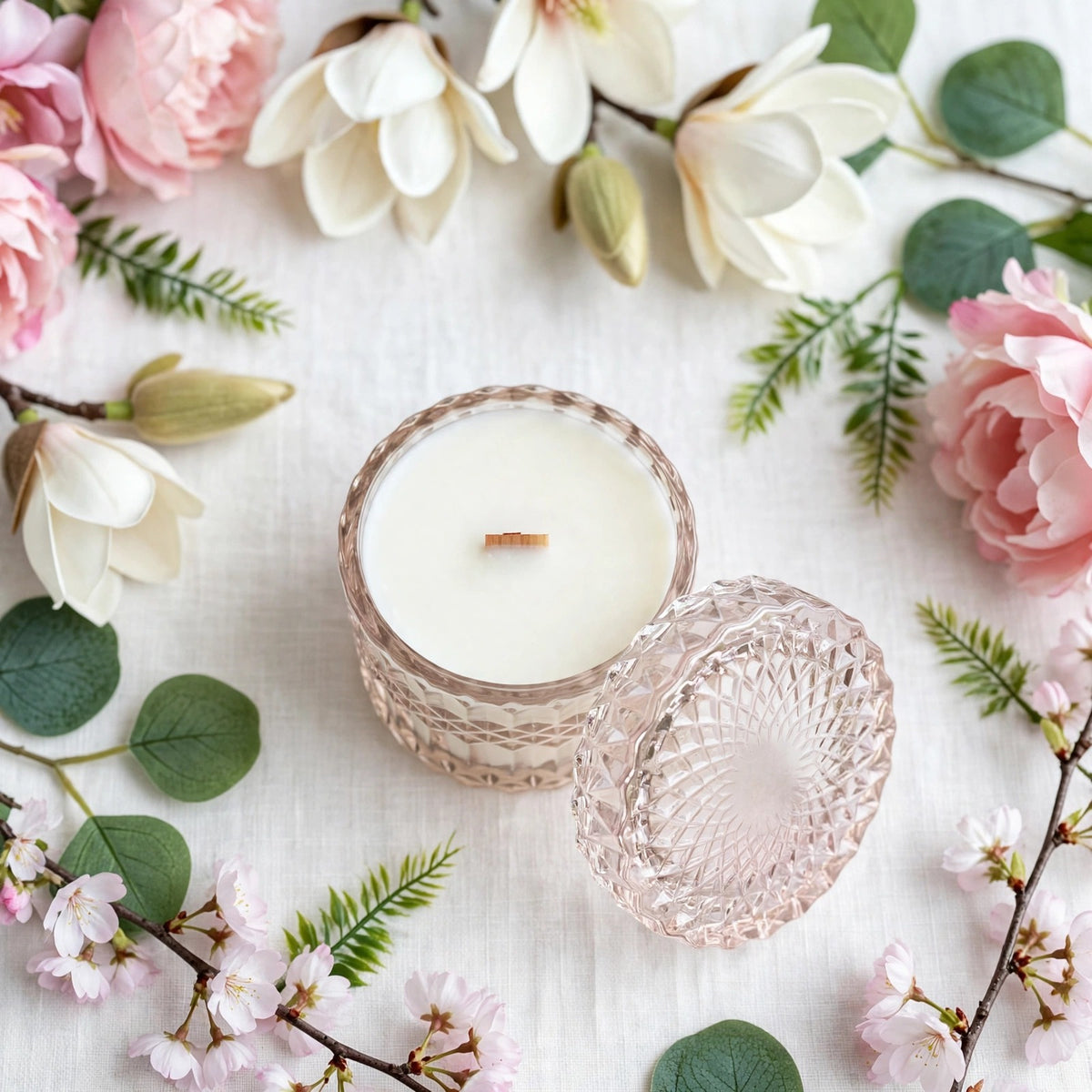 Magnolia Peony vintage glass candle flat lay