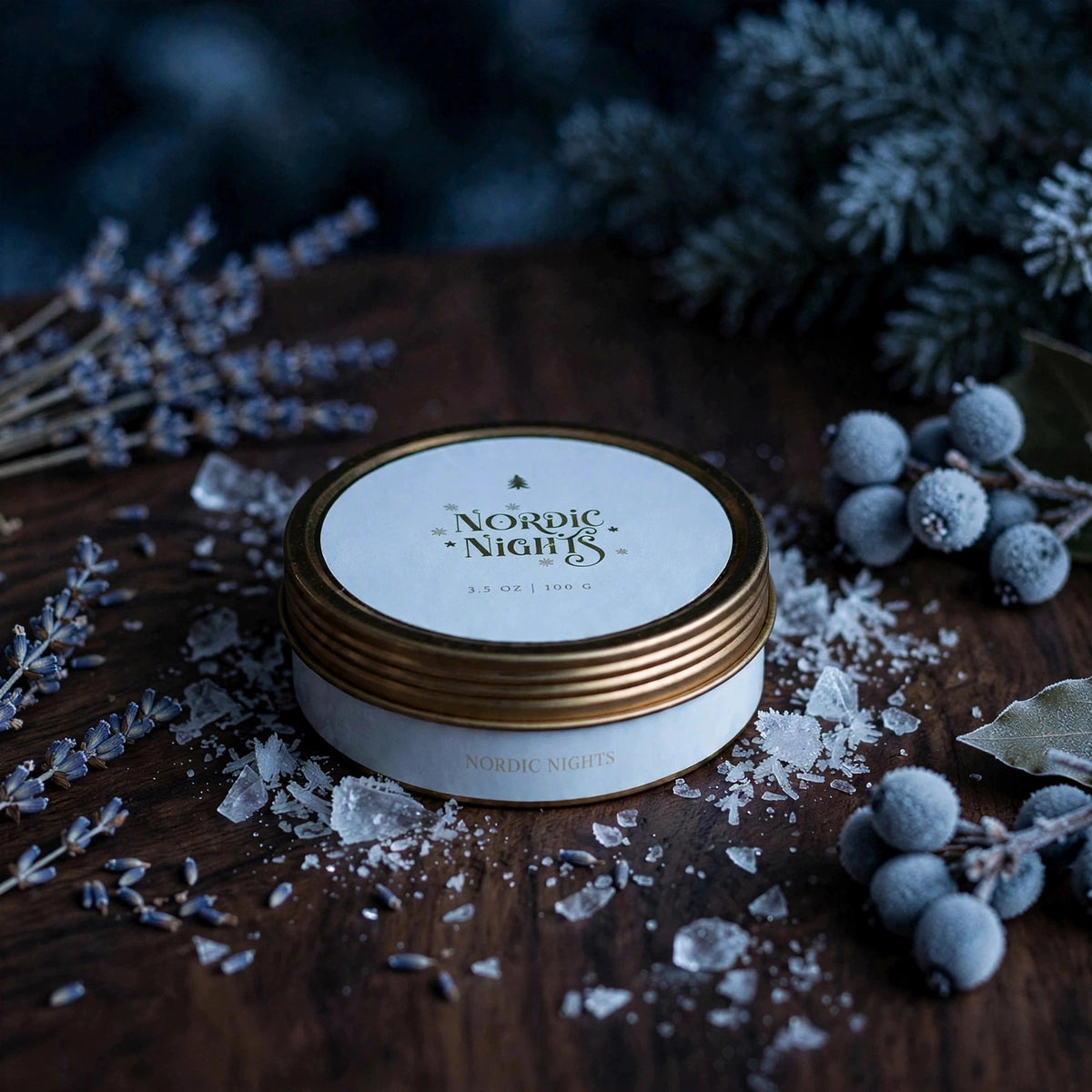 Nordic Nights travel tin candle in frosty night scene