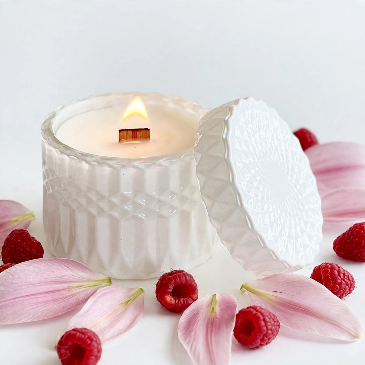 Prosecco Raspberries vintage glass candle detail