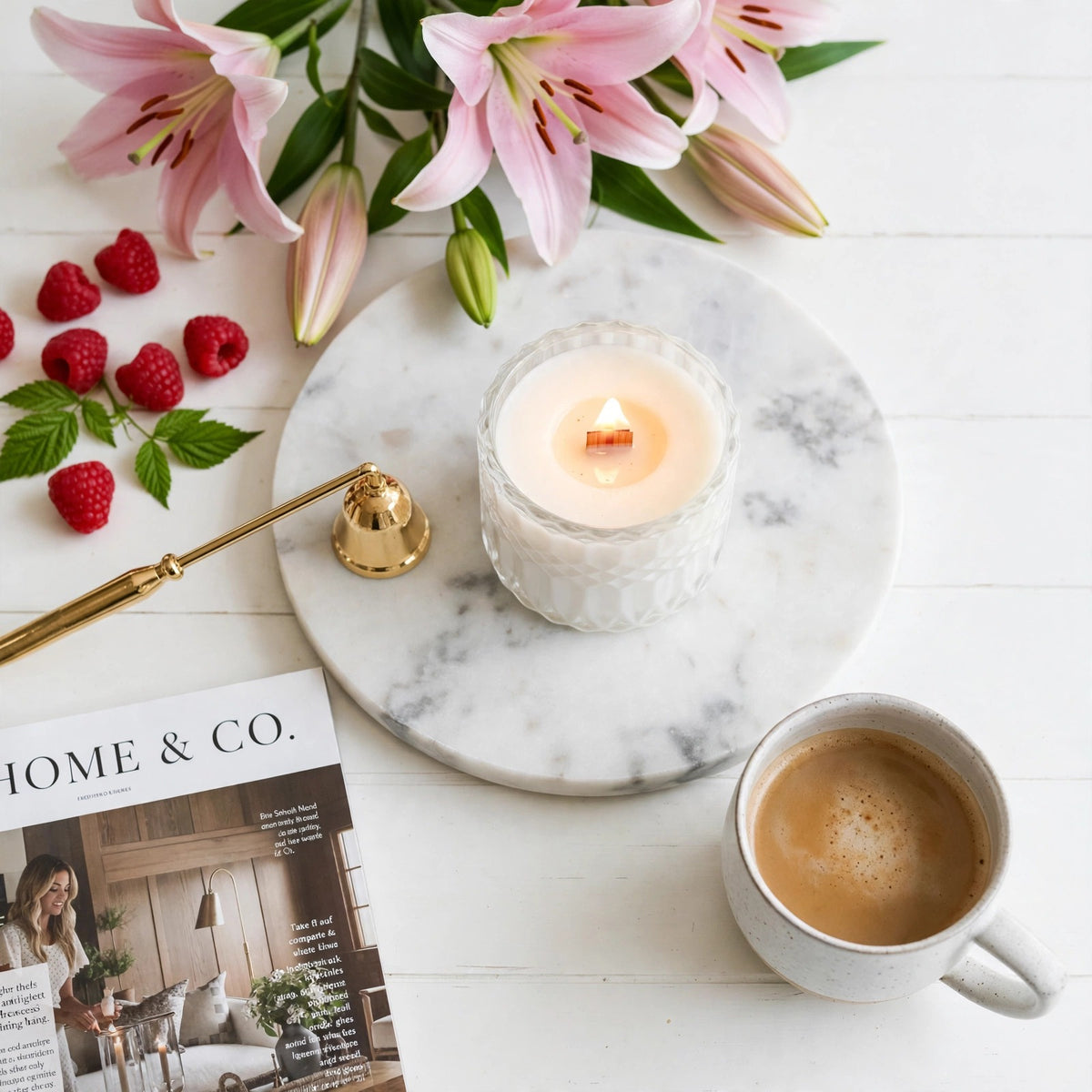 Prosecco Raspberries vintage glass candle lifestyle