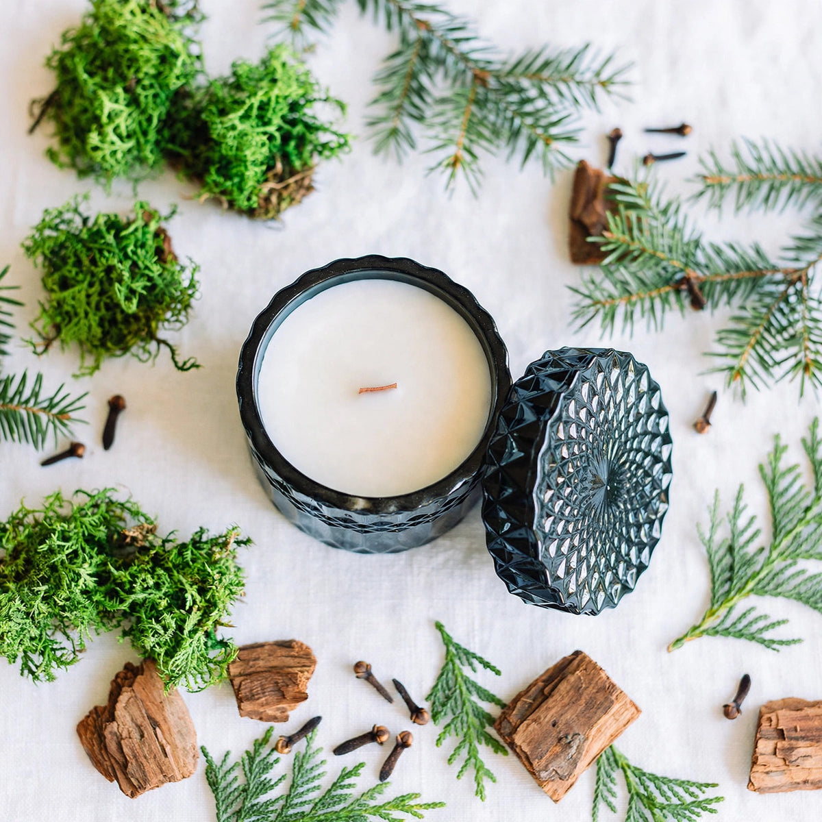 Redwoods Moss vintage glass candle flat lay