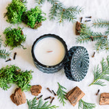 Redwoods Moss vintage glass candle flat lay