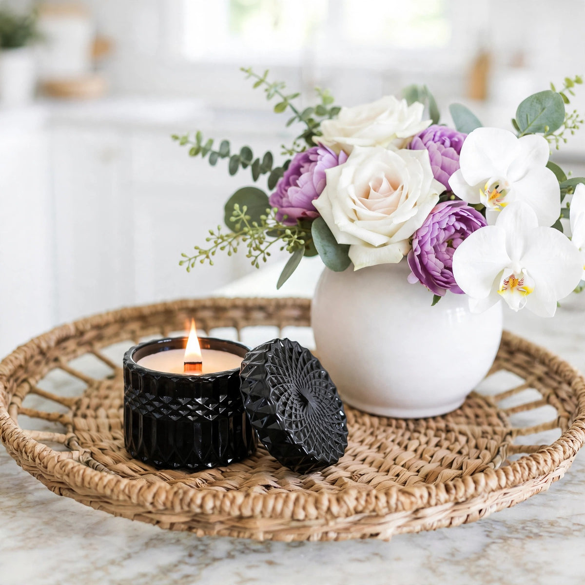 Saffron Tobacco vintage glass candle styled