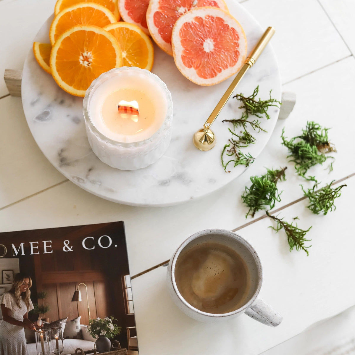 Amber Oakmoss vintage glass candle lifestyle