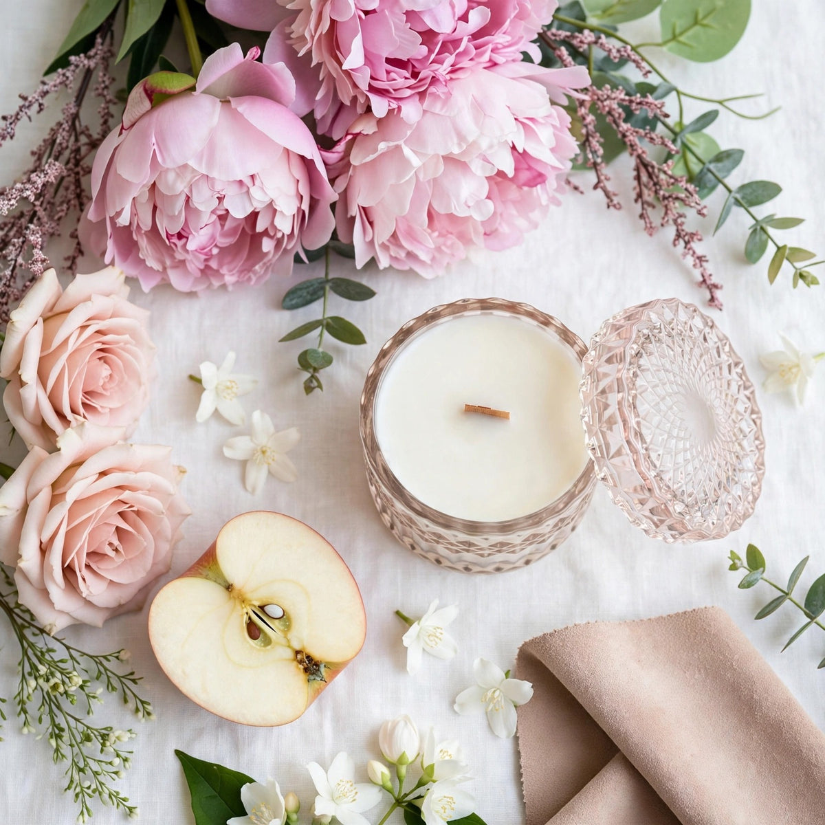 Blushing Peony vintage glass candle flat lay