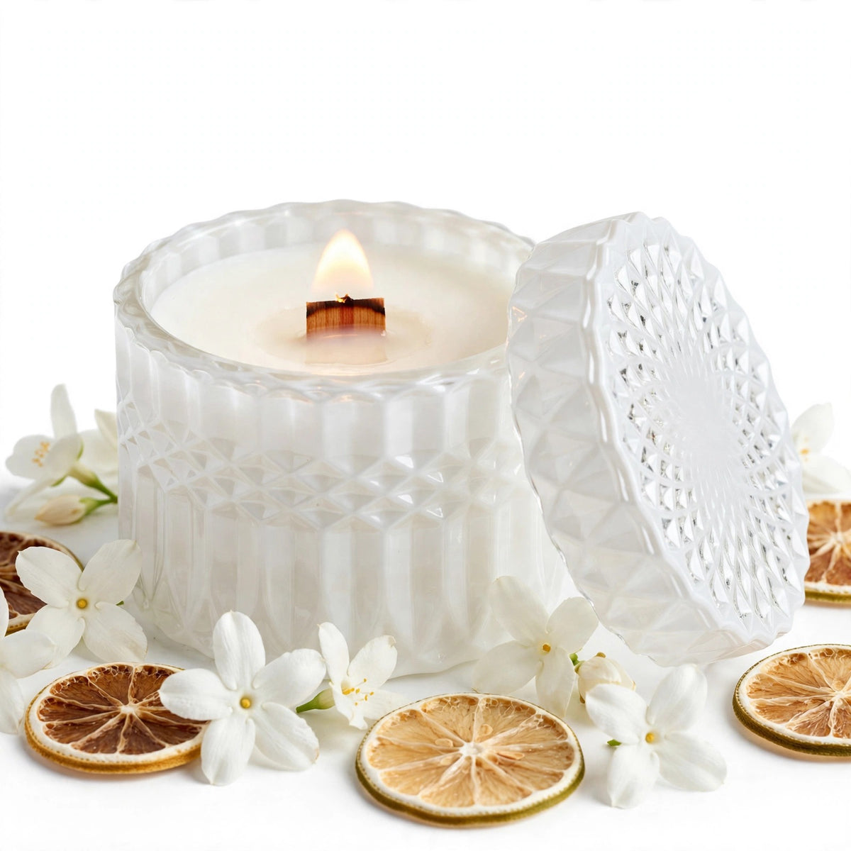Citrus Blossom Woods vintage glass candle detail