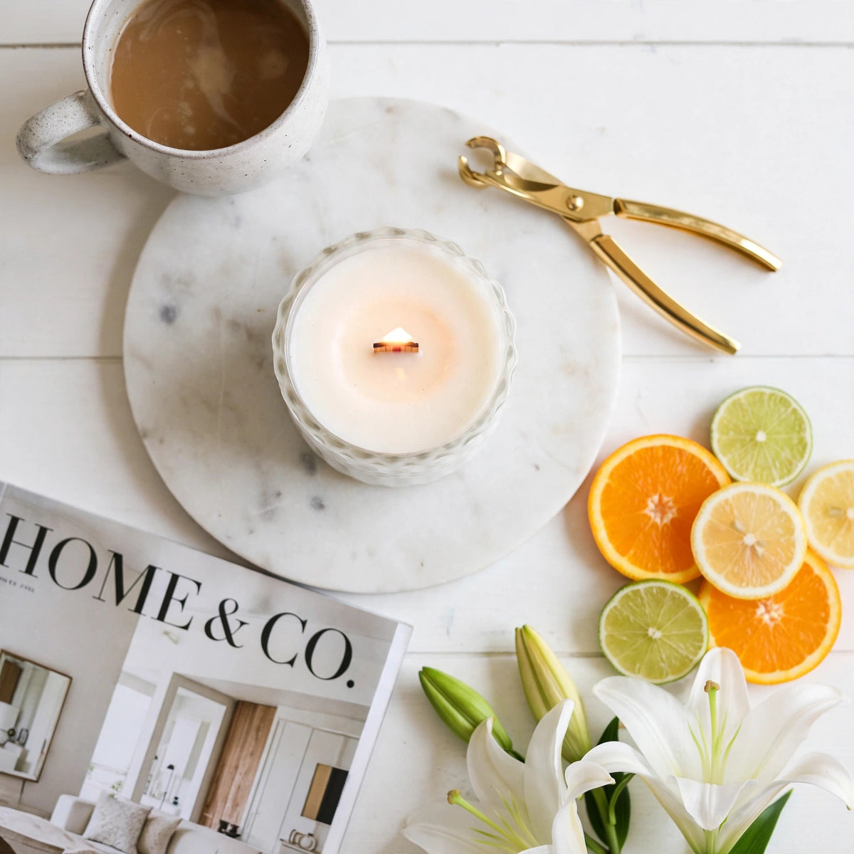 Citrus Blossom Woods vintage glass candle lifestyle