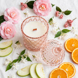 Camellia Patchouli Flower vintage glass candle flat lay