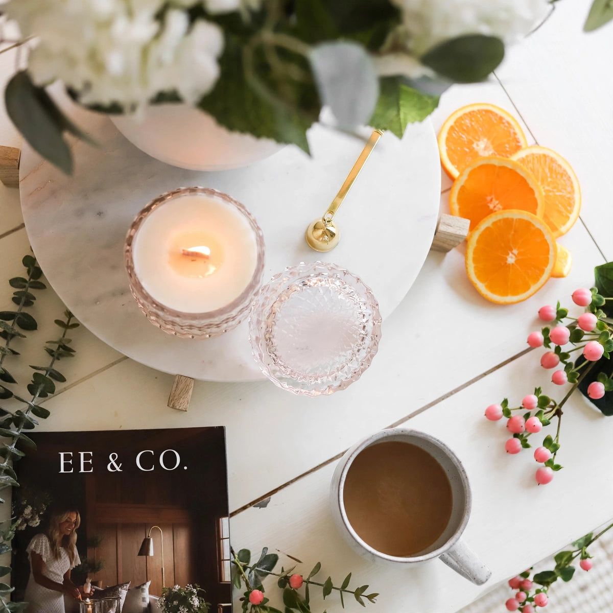 Camellia Patchouli Flower vintage glass candle lifestyle