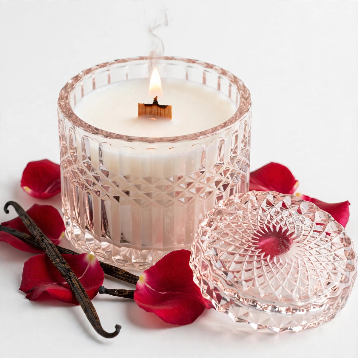 Dark Rose Vanilla vintage glass candle detail