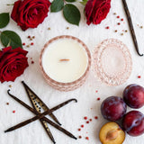 Dark Rose Vanilla vintage glass candle flat lay