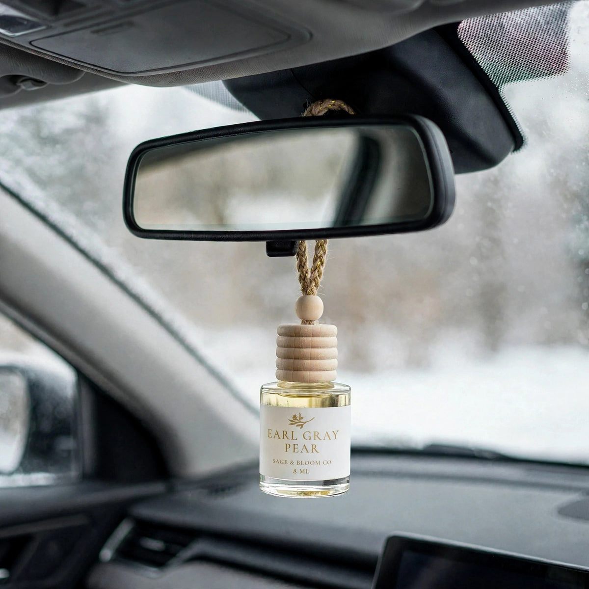 Earl Gray Pear in car on rearview mirror