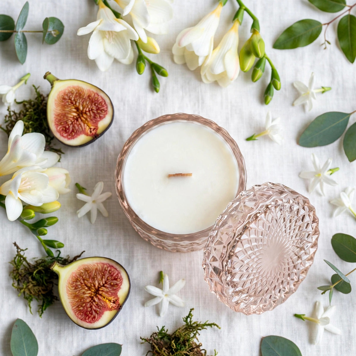 Fig Tree Freesia vintage glass candle flat lay