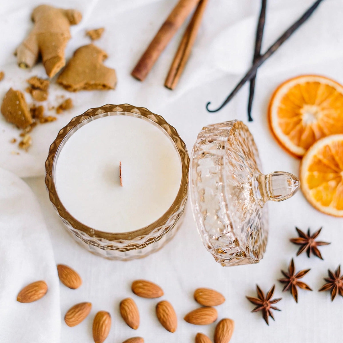 Gingerbread Crunch vintage glass candle flat lay