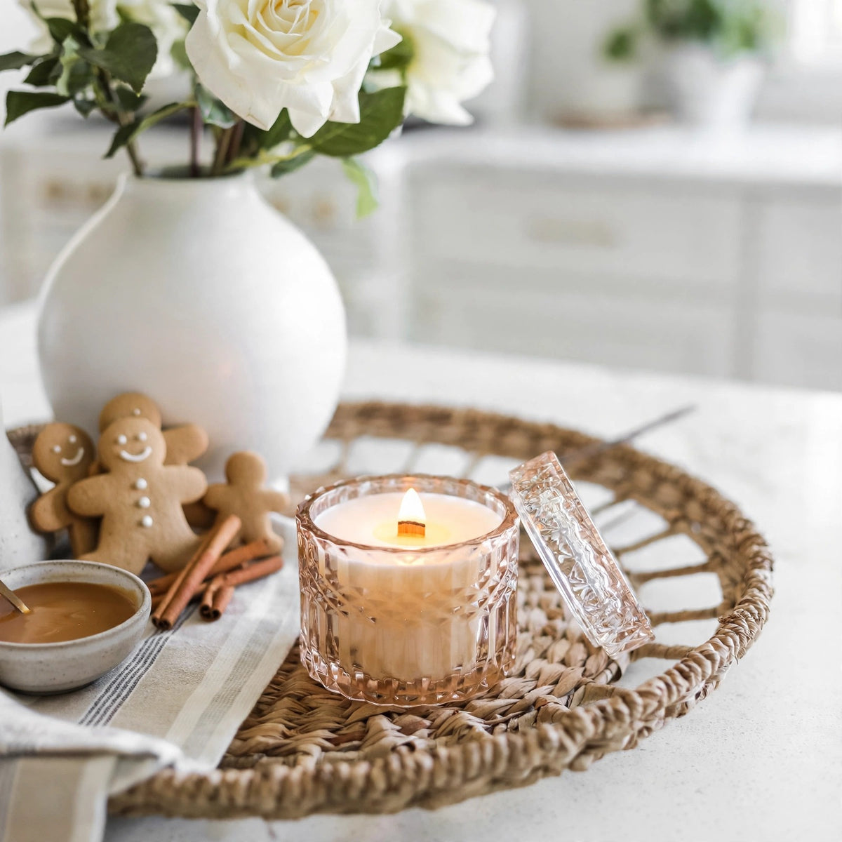 Gingerbread Crunch vintage glass candle styled photo