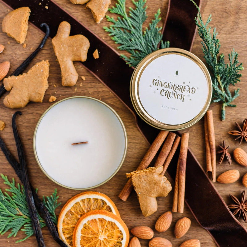 Gingerbread Crunch travel tin candle flat lay